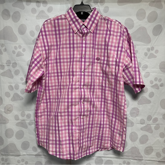 PANHANDLING LILAC AND LAVENDER PLAID BUTTON DOWN COLLARED SHORT SHEEVE S… - Picture 1 of 7